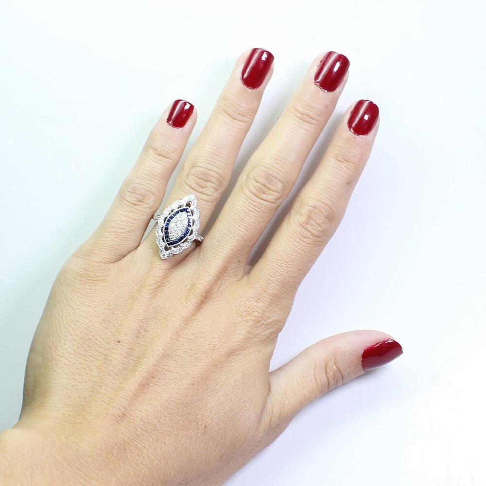 Antique Edwardian 925 Silver Cubic Zirconia Sapphire Ring - Picture 5 of 5